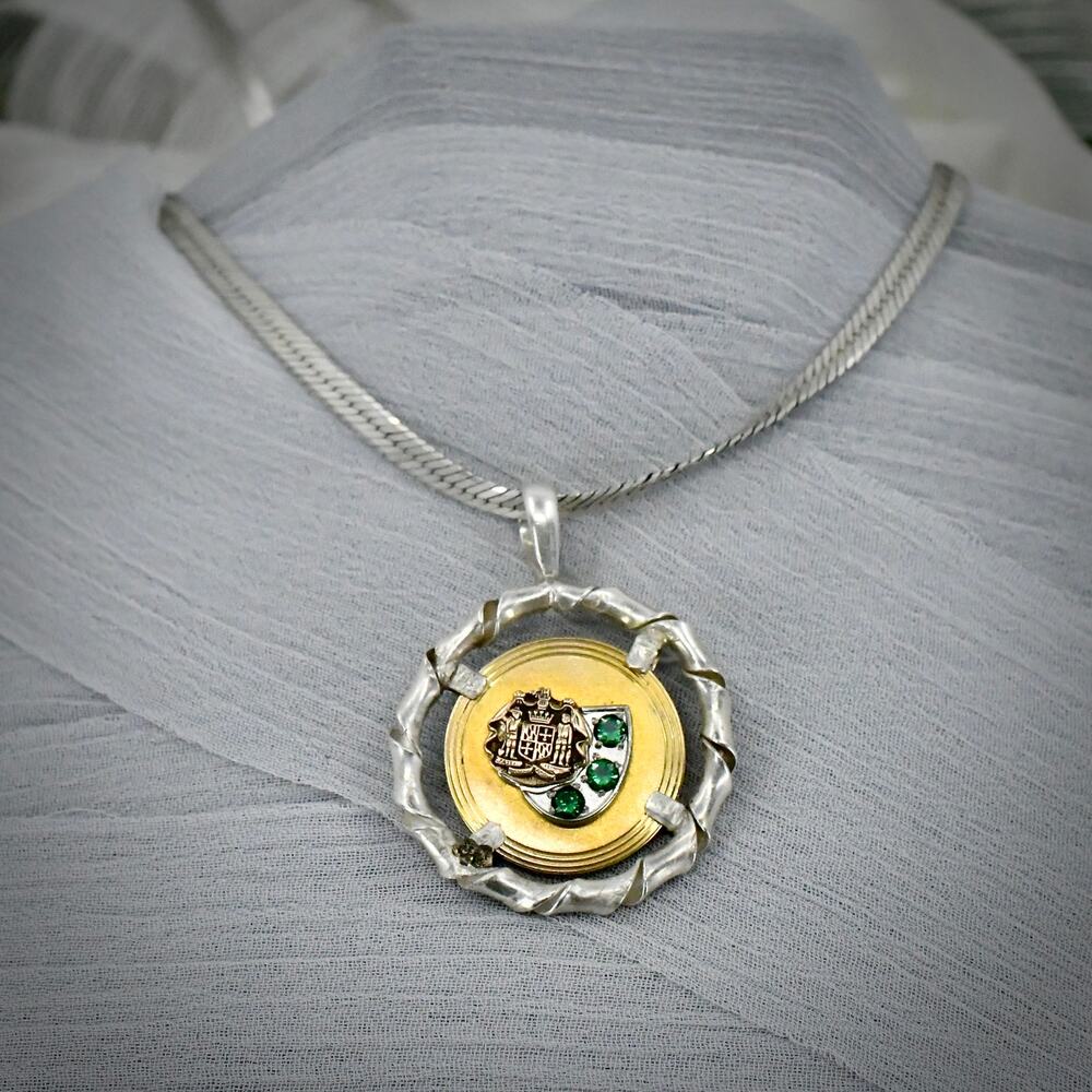 Vintage 10K Gold Maryland State Seal Emerald Pendant 925 Sterling Chain 14g